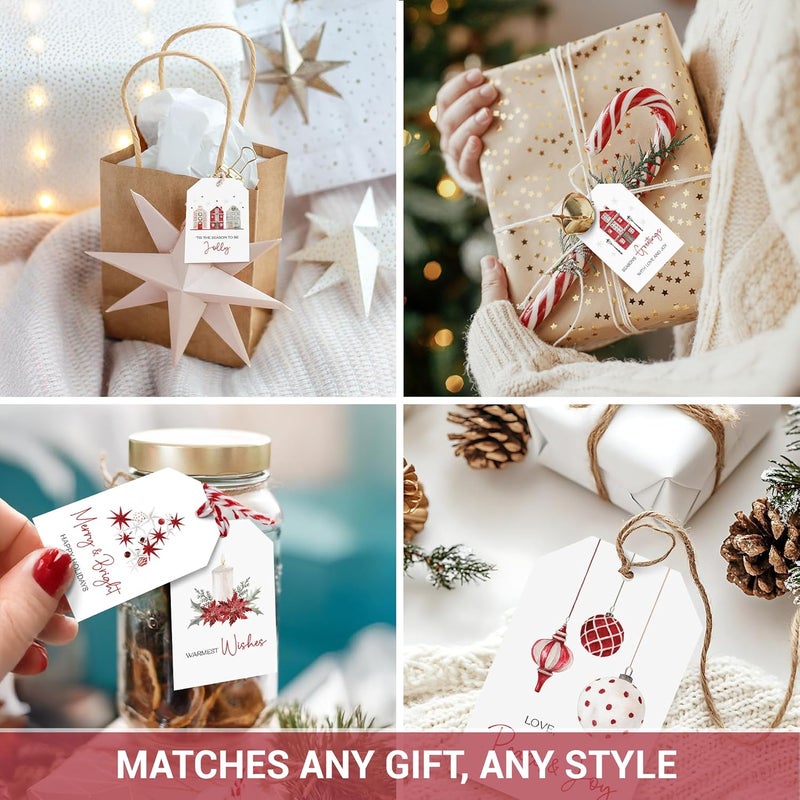 AUDREE 50 Pcs Christmas Gift Tags with String - Elegant Red & White Holiday Tags - Christmas Name Tags for Gifts - Hanging Labels Decoration Xmas Winter Holiday Present DIY Crafts - Image 5